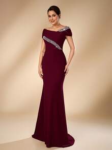 Serin Elegant Formal Burgundy Elastic Knit Off-Shoulder Asymmetrical Pleated Mermaid Bridal Mother Dress Spring Wedding Dinner Evening - Burgundy - View 7