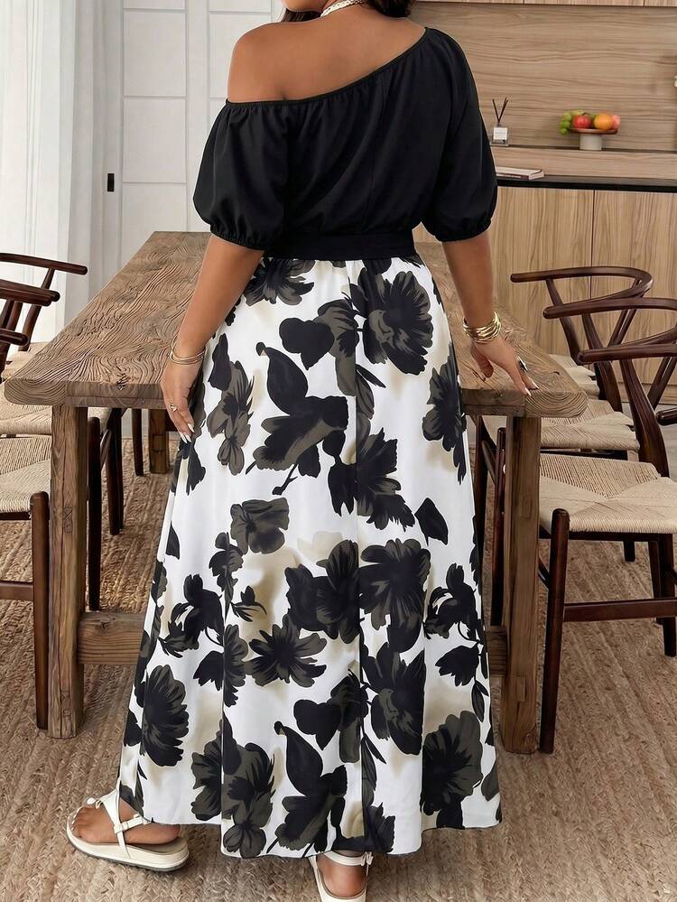 Weeklong Plus Size Women's Asymmetrical Off-Shoulder Puff Sleeve Cut-Out Print Dress With Belt, Suitable For Daily Wear, Parties, Outdoor Activities, Commuting, Street Style, Vacation - Multicolor - View 2