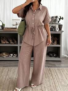 Weeklong Plus Size Women Spring Summer Shirt Collar Open Front Ruched Drawstring Striped Casual Commute Set - Multicolor - View 1