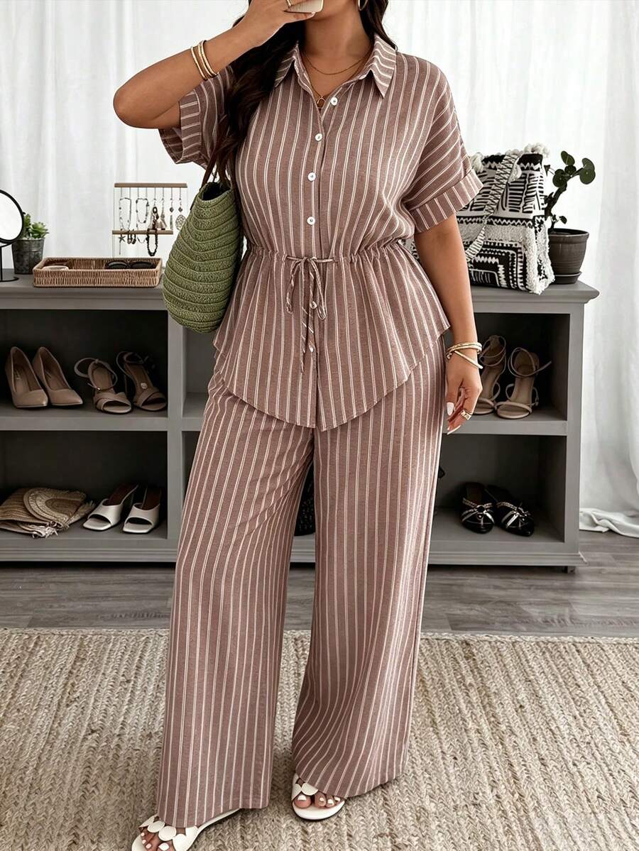 Weeklong Plus Size Women Spring Summer Shirt Collar Open Front Ruched Drawstring Striped Casual Commute Set - Multicolor - View 1