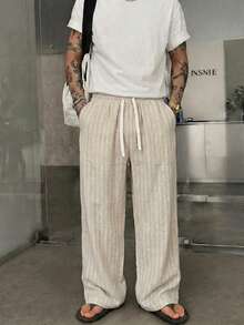 STEELVANCE 2pcs/Set Men's Vertical Striped Long Pants Casual Vacation Summer - Khaki - View 6
