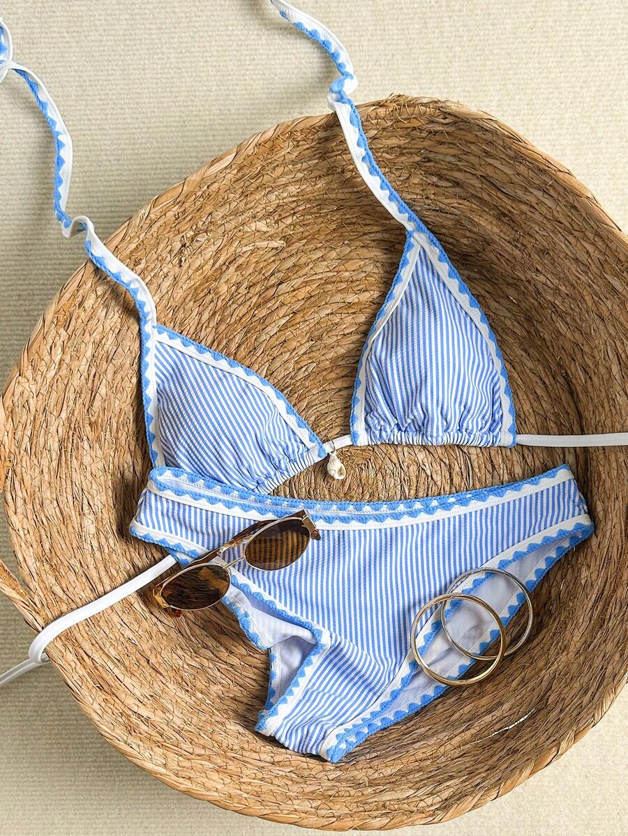 Swim Mod 女款 2 件式泳衣套裝，特殊布料拼接設計，掛脖繫帶，夏季度假海灘穿搭 - 彩色 - 查看 1