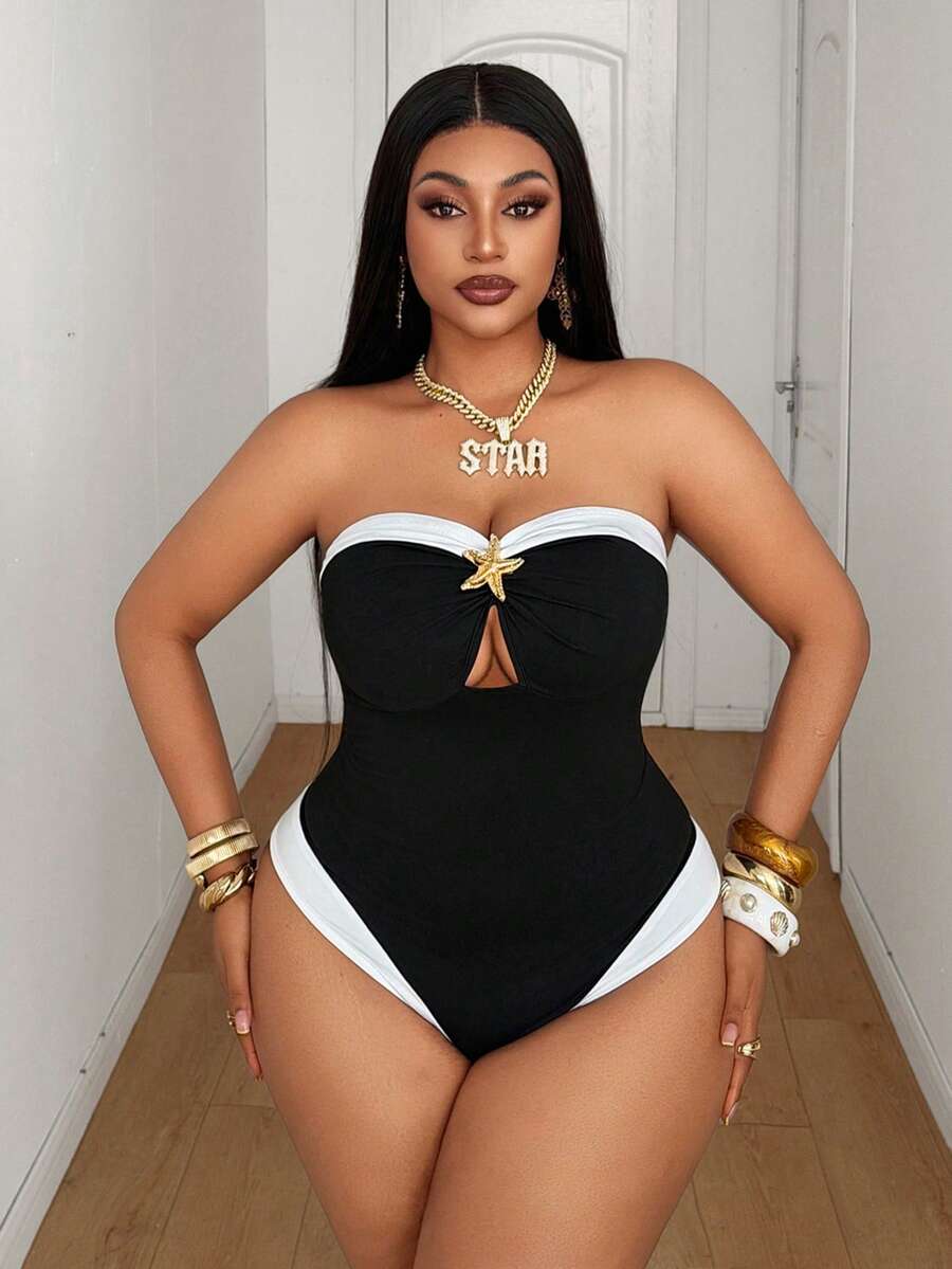 Maweii Gaun Tanpa Tali dengan Hiasan Kancing Logam Kontras Hitam Putih, Gaun Berongga untuk Gadis Seksi Empat Musim - Hitam dan Putih - View 1