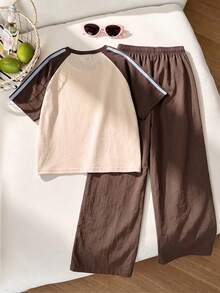 SHEIN Elladie kids 青少年女孩 T-shirt 套裝，運動風，粉色與深綠色拼色短袖 T-shirt 與短褲套裝，夏季寬鬆修身設計，輕量面料，適合日常穿著、休閒運動或搭配穿搭 - 彩色 - 查看 2