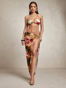 Silquee Summer Beach Vacation Beige Orange Halter Neck Women's Bikini Sarong 3 Pieces Set Tropical - Multicolor - View 4
