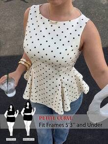 SHEIN PETITE CURVE 大码优雅波点印花无袖收腰衬衫，夏季 - 杏色 - 查看 2