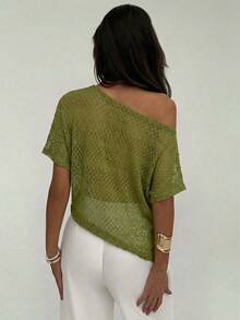 Aloruh Women's Solid Color Asymmetrical Shoulder Casual Versatile Daily Wear Top,Summer Top - Army Green - View 2