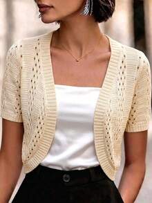 SHEIN Women's Hollow Knit Texture Short Sleeve Solid Color Fashion Casual Cardigan - Apricot - View 3