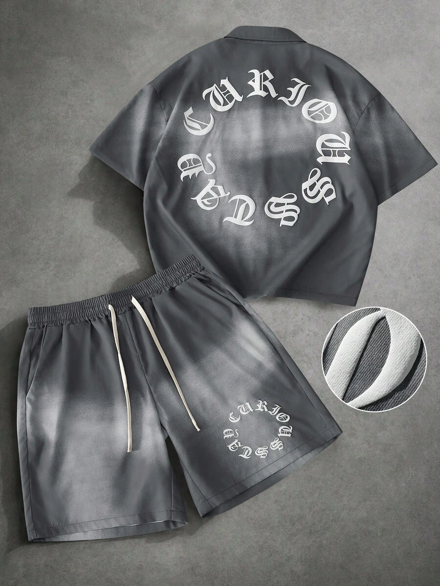 PAVTROS Men's Letter Print Shirt And Shorts Set - Black - View 1