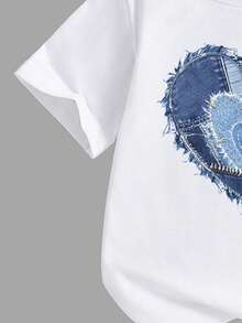 Ensemble 2 pièces pour jeune fille, mode décontractée printemps/été, tenue de robe à manches courtes, motif patchwork cœur bleu doux et frais, design t-shirt à col rond à manches courtes et jupe cargo patchwork rose, choix incontournable pour l'été, tenue confortable et à la mode pour filles, ensemble printemps/été - Multicolore - Voir 6