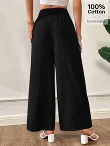 Siren Gaze Pantalones largos sueltos de cintura elástica de unicolor para mujer, adecuados para salidas diarias, reuniones, actividades al aire libre, desplazamientos, ropa de calle, vacaciones - Negro - Ver 3