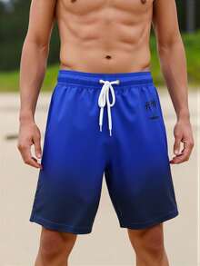Manfinity Swimmode 男士漸層印花抽繩腰夏季沙灘百慕達短褲 - 寶藍色 - 查看 7