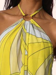 MUSERA Strappy Halterneck Ring Detail Floaty Draped Low Back Mini Dress Cute Spring Summer Holiday - Yellow - View 6