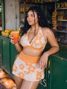 SHEIN Swim 2026夏季海灘度假女款橘色與白色碎花比基尼3件套，波西米亞風掛脖三角上衣與迷你裙，夏季海灘度假休閒大尺碼泳裝套裝 - 彩色 - 查看 3