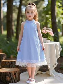 Elladie kids 1件少女清新島嶼風掛脖洋裝，直條紋挺括面料，簡約鏤空肩部設計，後領單鈕扣開衩方便穿脫，雙層睫毛蕾絲下擺，柔美女性風，寬鬆直筒版型，輕盈夏季度假、購物與日常穿著單品 - 藍色 - 查看 6