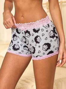 Betty Boop x SHEIN Women's Cartoon Print Lace Patchwork 3D Bow Decor Hipster Shorts - Grey - View 5