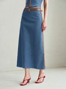 MOTF PREMIUM CONTRAST TRIM SLIT DENIM SKIRT - Medium Wash - View 3