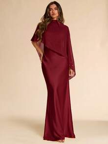 SHEIN BAE Spring/Summer Red Wine Satin Chiffon Shawl 2 Pieces Dress, Luxury Elegant Evening Gown Wedding Formal Mother Of The Bride Professional - Burgundy - View 5