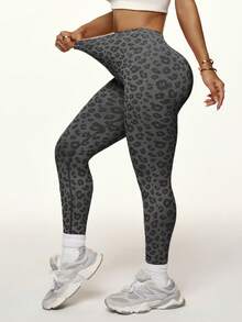 SHEIN Dewbera Plus Size Women's Leopard Print Casual Versatile Daily Wear Sports Tight Leggings - Black - View 6