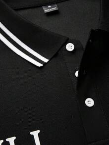 Manfinity Homme 男士字母條紋短袖休閒 Polo 衫 - 黑色 - 查看 3