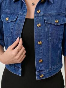 EMERY ROSE Plus Size Women's Cropped Button Puff Sleeve Denim Jacket - Blue - View 5