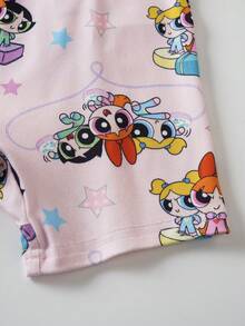 THE POWERPUFF GIRLS X SHEIN 女嬰卡通印花休閒日常居家細肩帶連身褲 - 粉色 - 查看 5