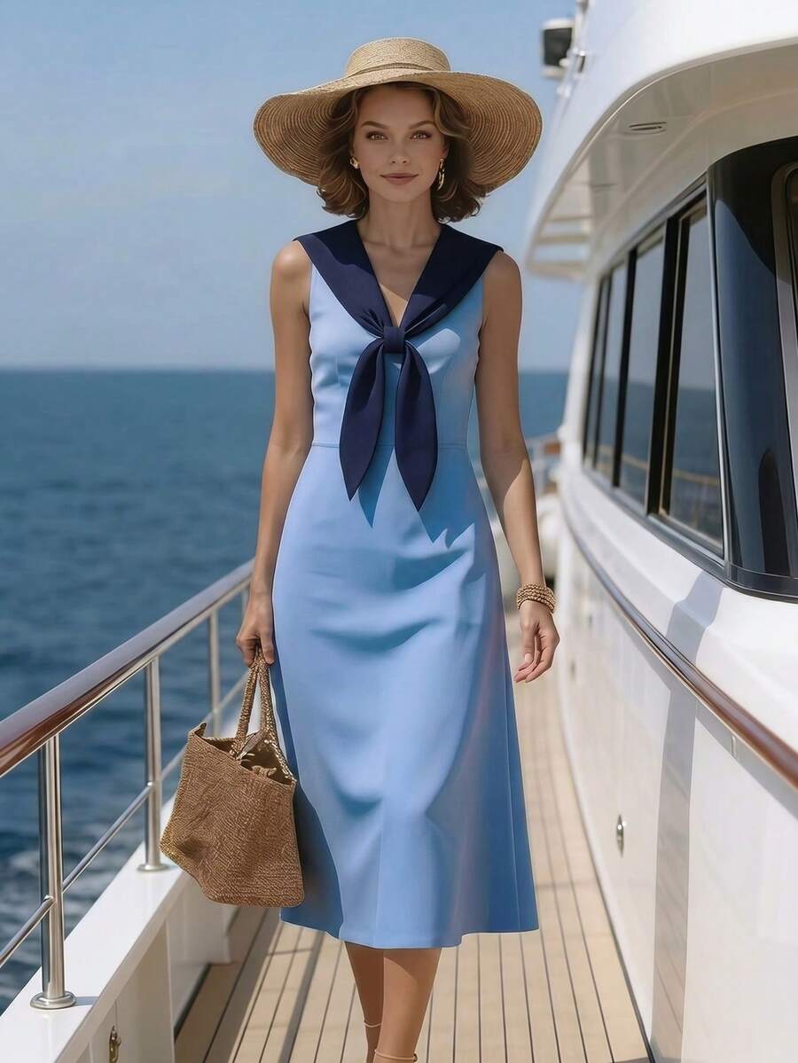 Balvessa 女款島嶼度假風通勤優雅水手領中長洋裝 - 藍色 - 查看 1