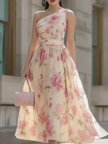 Balvessa Elegant Date Party Gathering Floral Chiffon Dress With Asymmetrical Shoulder Design, Flared, Spring/Summer Women's Long Dress - Light Yellow - View 1