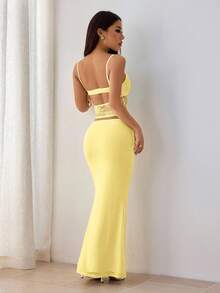 SHEIN PETITE 女款夏季蕾絲拼接透視兩件套露背上衣＋長裙，性感優雅，適合節慶、情人節、約會、音樂節、宴會，輕盈洋裝，秋冬可疊穿 - 黃色 - 查看 2