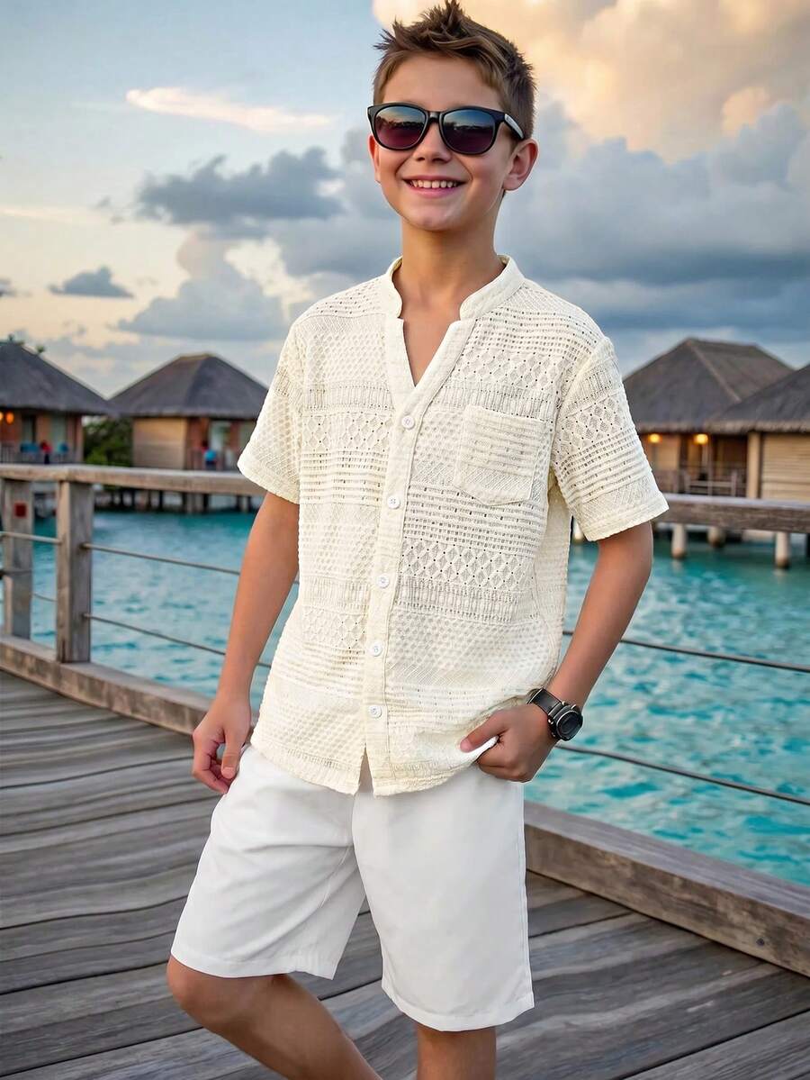 SHEIN 大童男孩針織提花面料小立領短袖鈕扣襯衫與鬆緊腰短褲兩件套，適合通勤、上學、日常休閒、外出、運動，春夏季穿著 - 彩色 - 查看 1