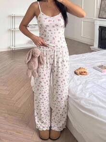 SHEIN 青少年女孩春夏新款針織碎花甜美可愛撞色V領吊帶背心上衣與長褲休閒家居服 - 白色 - 查看 4