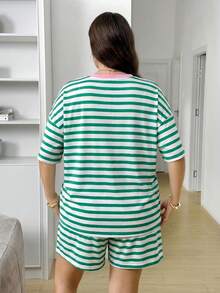 SHEIN LUNE Plus Size Women's Round Neck White Colorblock Top And Shorts Casual Traditional Daily 2-Piece Set Beach Vacation Airport Summer Striped - Multicolor - View 7