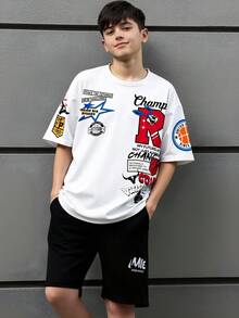 SHEIN 青少年男孩休閒簡約卡通圖案字母印花寬鬆短袖圓領T恤，夏季塗鴉印花青少年男孩休閒穿搭 - 白色 - 查看 3