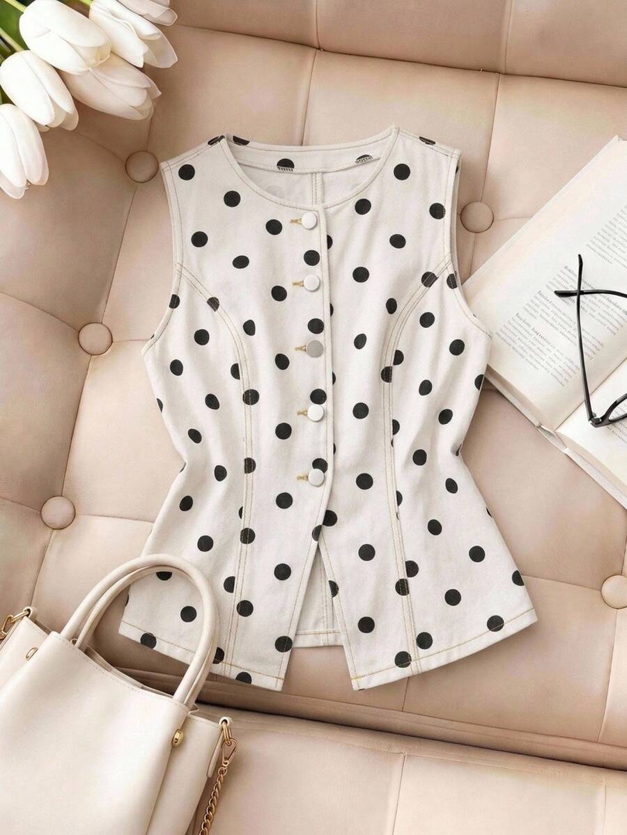 SHEIN MOD 女款圓點單排扣牛仔背心 - 黑色 - 查看 1