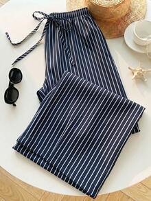 SHEIN EZwear 女款休閒繫腰直筒長褲，適合夏季穿著 - 藍白色 - 查看 5