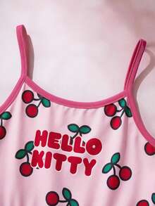 HELLO KITTY AND FRIENDS | SHEIN 女童字母卡通印花百褶拼接色塊休閒日常細肩帶洋裝 - 粉色 - 查看 6