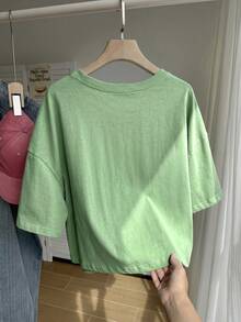 Comfortcana Solid Color Dropped Shoulder Short Sleeve Crew Neck Plus Size T-Shirt Formal Holiday Light Green Summer Casual Office Club - Green - View 2