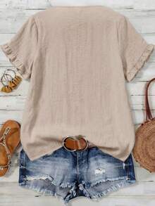 Linhara CURVE Plus Size Woven Casual Boho Resort Daily Commuting Vacation And Office Wear Summer Women's Shirt Beige - Apricot - View 2