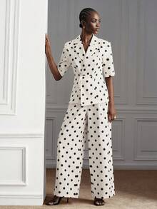 Aveloria Modichic Summer White Polka Dot Contrast Color Elegant Design Lapel Waist Belt Short Sleeve Women's Blazer Jacket High Waist Suit Pants Dinner Office Tea Party - Beige - View 5