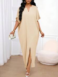 SHEIN Lady 秋冬工作绿色缺角蝙蝠袖杏色长袍连衣裙 - 杏色 - 查看 5
