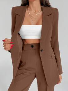 EURMUSE Conjunto de dos piezas de mujer de unicolor, chaqueta tipo blazer y pantalones - Café integral - Ver 3