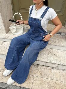 Rivivi Plus Size Women's Summer Curved Leg Denim Overalls Vacation Dusty Blue Casual Traditional Formal - Dark Wash - View 5