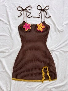 Soleia Women's Floral Applique Twist Bodycon Boho Camisole Sweater Dress Beach Brown And Yellow Autumn - Khaki - View 3