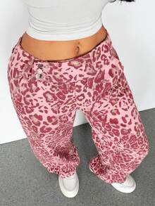 SHEIN Tall Women's Outdoor Y2k Streetwear Street Fashion Versatile Pink Leopard Print Multi-Pocket Denim Wide Leg Pants Night Out Summer - Pink - View 5