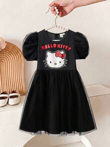 HELLO KITTY AND FRIENDS | SHEIN Gaun Kasual Sehari-hari untuk Anak Perempuan Remaja dengan Leher Bulat, Motif Kartun Huruf, dan Patchwork Jala - Hitam - View 3