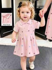 SHEIN Playful Pals 女嬰白色休閒洋裝，1件裝，羅紋領口、羅紋袖口，適合休閒、外出、運動及派對 - 粉色 - 查看 4