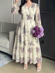 Modelyn Plus Size Women's V-Neck Floral Print Casual Romantic Celestial Party Birthday Dress Wedding White Fall - Apricot - View 3