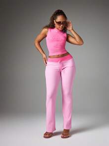 BABYPHAT Ribbed Flare Leg Pants With Contrast Waistband Drawstring And Logo Embroidery Detail - Baby Pink - View 3