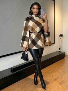 SHEIN Lady 秋冬秋季上班族办公室优雅女士休闲外出聚会婚礼拼色编织立领斗篷袖金色纽扣新款女装外套秋季女大衣 - 卡其色 - 查看 7