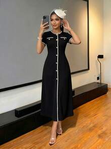 SHEIN Lady Black And White Contrast Trim Knit Jacquard Midi Dress Button Front Round Neck Short Sleeve Bodycon Office Work Dress Elegant Classy Summer - Black - View 9